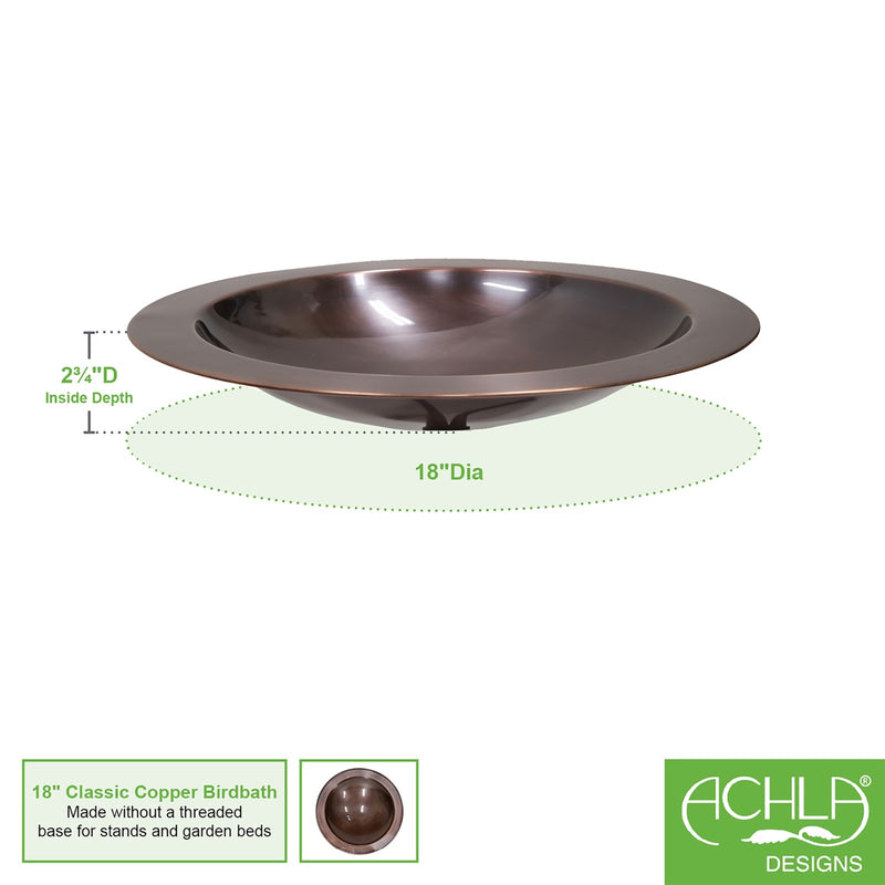 Achla Classic Copper 18in Birdbath Bowl | Antique Copper Finish Brass | Garden & Patio Bird Bath | 18 x 18 x 6 in | Model BB-12