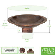 Achla Hammered Copper 14in Birdbath for 4x4 Post | Copper Plated Brass | Garden & Patio Bird Bath | 14 x 14 x 6.5 in | Model BBHC-14P