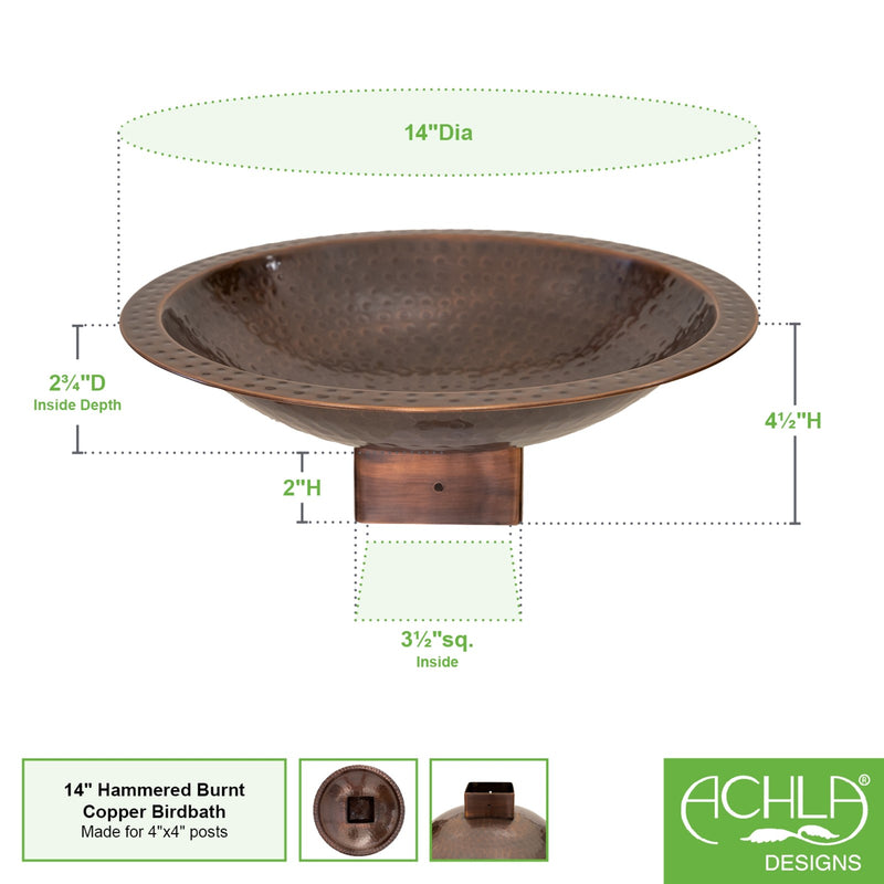 Achla Hammered Copper 14in Birdbath Bowl | Rustic Brass with Copper Plated Finish | Garden & Patio Post-Mounted Bird Bath | Model BBHC-14P