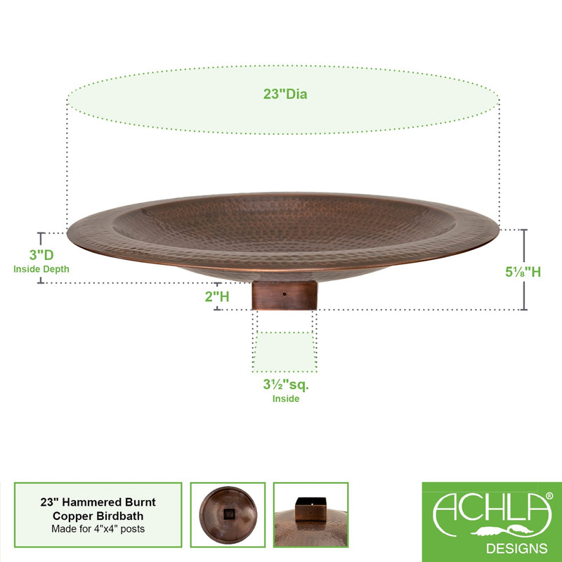 Achla Hammered Copper 23in Birdbath Bowl | Rustic Copper Plated Brass | Garden & Patio Bird Bath | 23 x 23 x 7.25 in | Model BBHC-23P