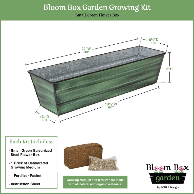 Achla Bloom Box Small Green Planter | Galvanized Steel with Green Patina Finish | Deck & Balcony Container Garden | 22 x 6 x 5 in | Model C-08-GK