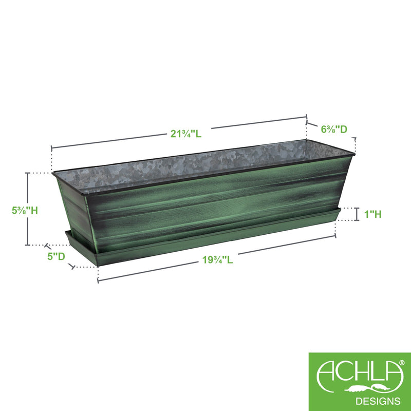 Achla Classic Green Flower Box Tray Kit | Galvanized Steel Green Patina | Deck & Balcony Container Garden | 22 x 6 x 5 in | Model C-08-T