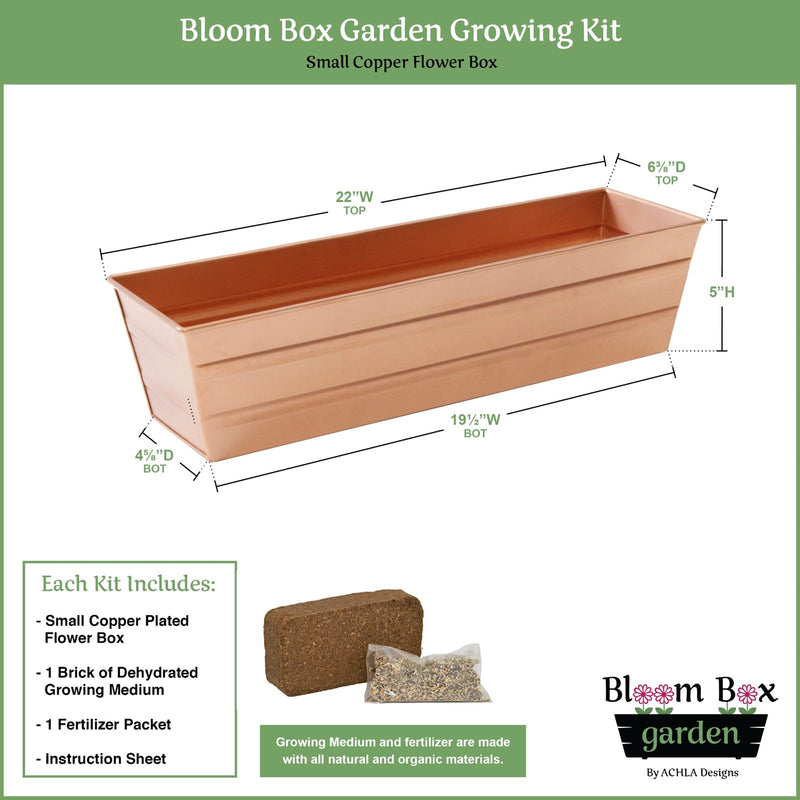 Achla Bloom Box 22in Small Garden Growing Kit | Copper Plated Galvanized Steel | Deck & Balcony Container Garden | 6 x 22 x 5 in | Model C-08C-GK