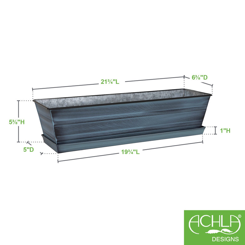 Achla Small Nantucket Blue Flower Box with Tray | Galvanized Steel Patina Finish | Deck, Balcony & Indoor Container Garden | Model C-08NB-T