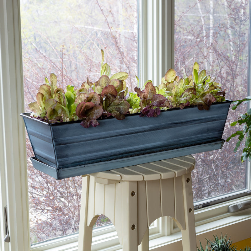 Achla Small Nantucket Blue Flower Box with Tray | Galvanized Steel Patina Finish | Deck, Balcony & Indoor Container Garden | Model C-08NB-T
