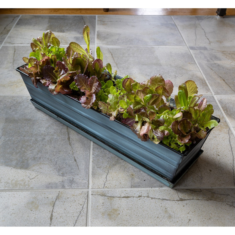 Achla Small Nantucket Blue Flower Box with Tray | Galvanized Steel Patina Finish | Deck, Balcony & Indoor Container Garden | Model C-08NB-T