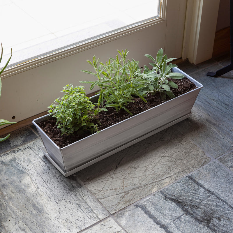 Achla Small White Flower Box with Drip Tray | Galvanized Steel Planter | Balcony & Deck Container Garden | 22 x 6 x 5 in | Model C-08W-T