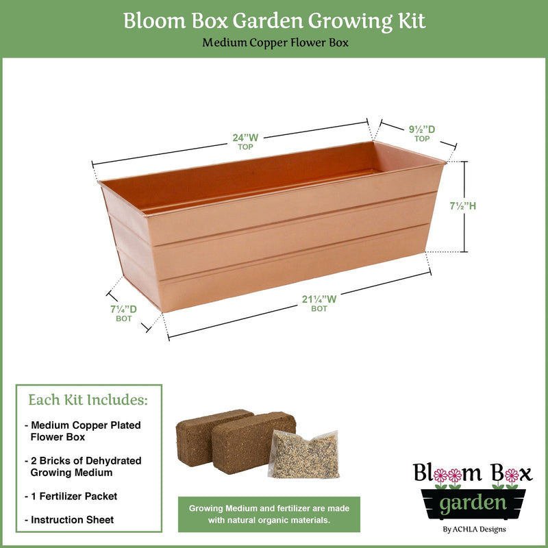 Achla Bloom Box Garden Growing Kit, Medium Copper | Galvanized Steel Planter Box | Deck, Porch & Balcony Container Garden | Model C-20C-GK2