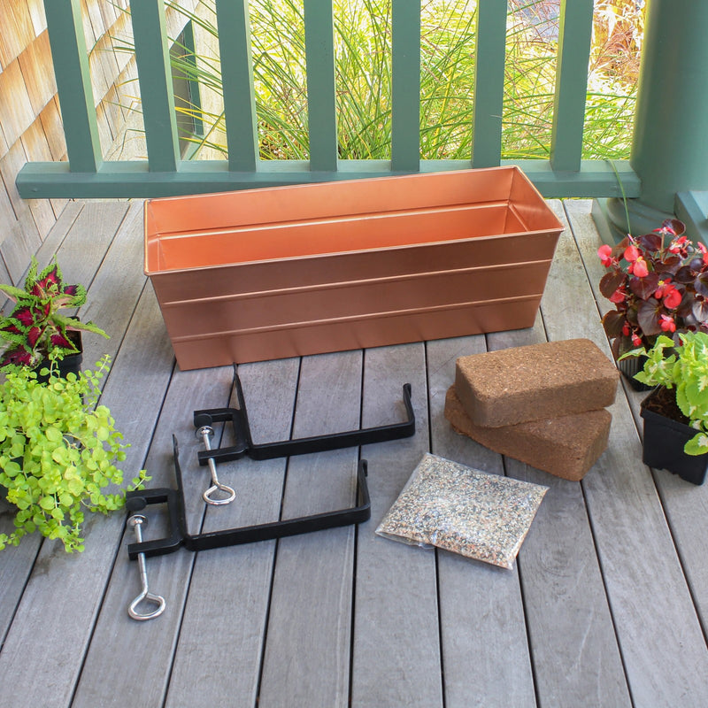 Achla Bloom Box Medium Copper Planter | Galvanized Steel with Wrought Iron Brackets | Deck & Balcony Railing Garden | Model C-20C-RM-GK2