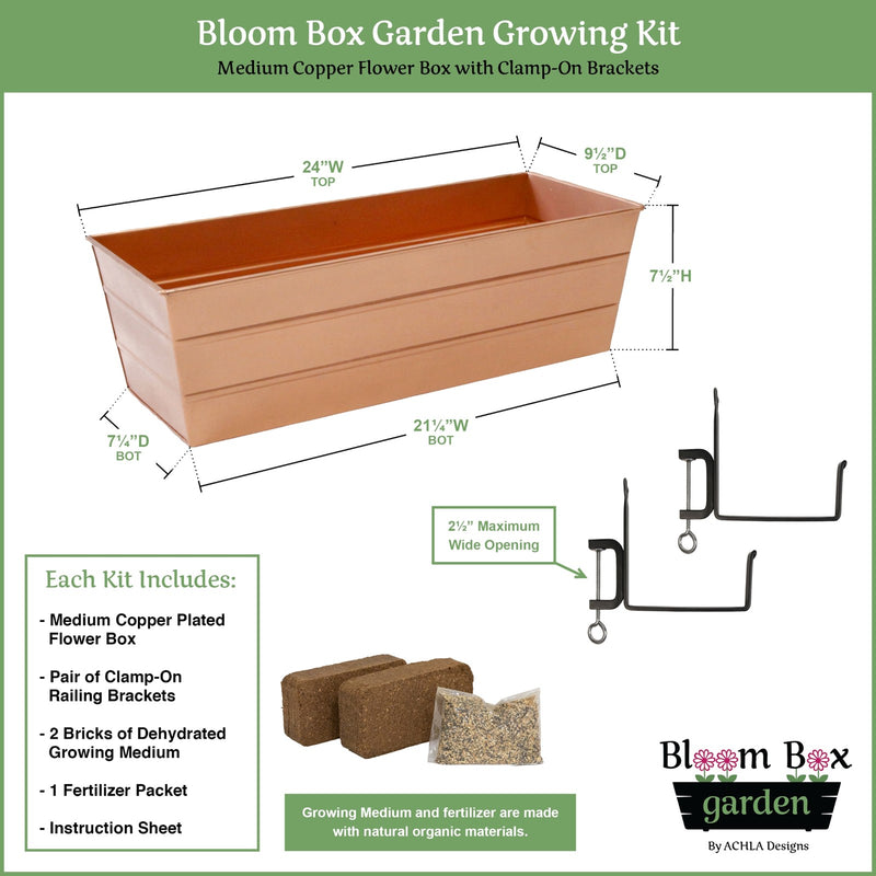 Achla Bloom Box Medium Copper Planter | Galvanized Steel with Wrought Iron Brackets | Deck & Balcony Railing Garden | Model C-20C-RM-GK2