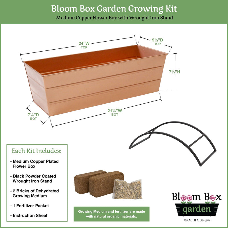 Achla Bloom Box Garden Growing Kit, Medium Copper with Odette Stand | Galvanized Steel Planter on Wrought Iron Stand | Deck, Patio & | Model C-20C-S-GK2