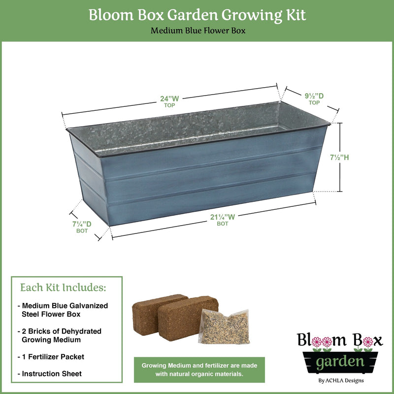 Achla Bloom Box Garden Growing Kit Medium Nantucket Blue | Galvanized Steel Planter | Deck, Porch & Balcony Container Garden | Model C-20NB-GK2