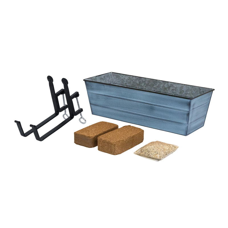 Achla Bloom Box Garden Growing Kit Medium Blue | Galvanized Steel & Wrought Iron | Deck & Balcony Railing Planter | Model C-20NB-RM-GK2