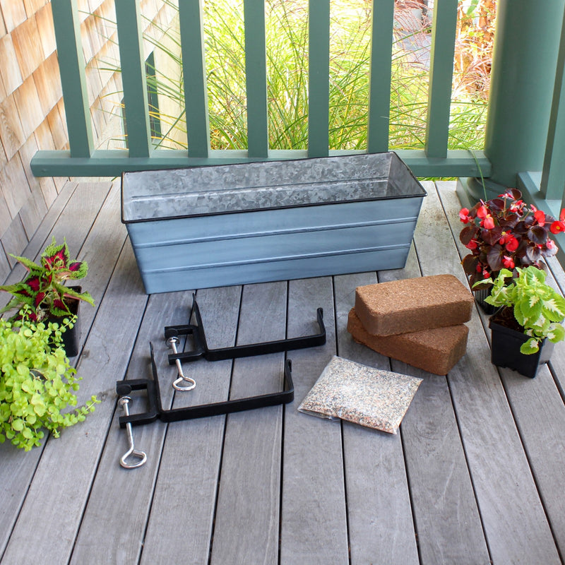 Achla Bloom Box Garden Growing Kit Medium Blue | Galvanized Steel & Wrought Iron | Deck & Balcony Railing Planter | Model C-20NB-RM-GK2