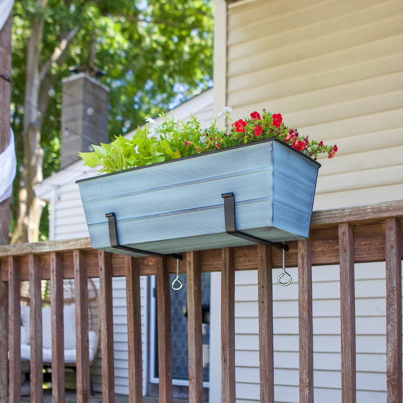 Achla Bloom Box Garden Growing Kit Medium Blue | Galvanized Steel & Wrought Iron | Deck & Balcony Railing Planter | Model C-20NB-RM-GK2
