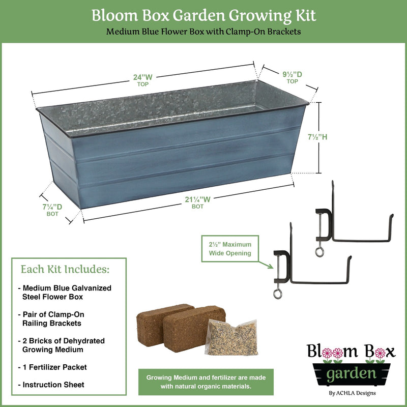 Achla Bloom Box Garden Growing Kit Medium Blue | Galvanized Steel & Wrought Iron | Deck & Balcony Railing Planter | Model C-20NB-RM-GK2