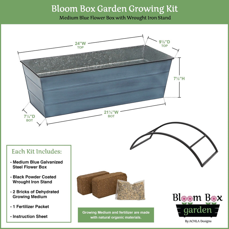 Achla Bloom Box Garden Growing Kit Medium Blue | Galvanized Steel and Wrought Iron | Deck, Porch & Balcony Container Garden | Model C-20NB-S-GK2