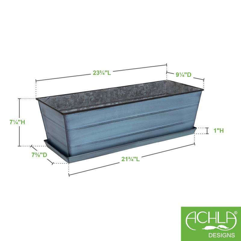 Achla Medium Blue Flower Box with Tray Kit | Galvanized Steel Nantucket Blue | Deck, Balcony & Porch Planter | 24 x 10 x 8 in | Model C-20NB-T
