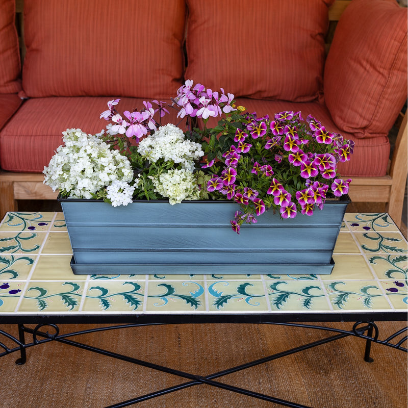 Achla Medium Blue Flower Box with Tray Kit | Galvanized Steel Nantucket Blue | Deck, Balcony & Porch Planter | 24 x 10 x 8 in | Model C-20NB-T
