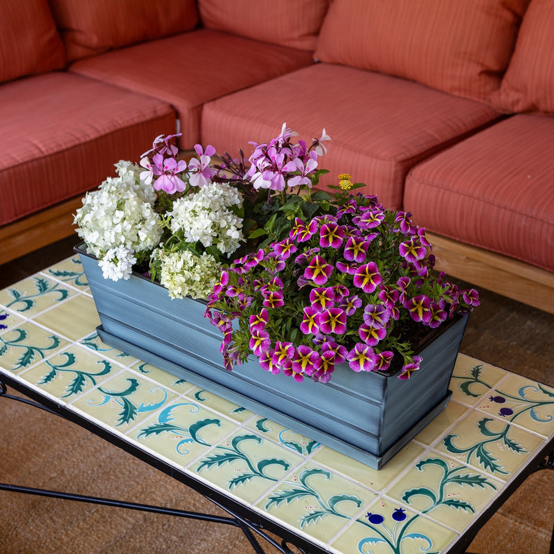 Achla Medium Blue Flower Box with Tray Kit | Galvanized Steel Nantucket Blue | Deck, Balcony & Porch Planter | 24 x 10 x 8 in | Model C-20NB-T
