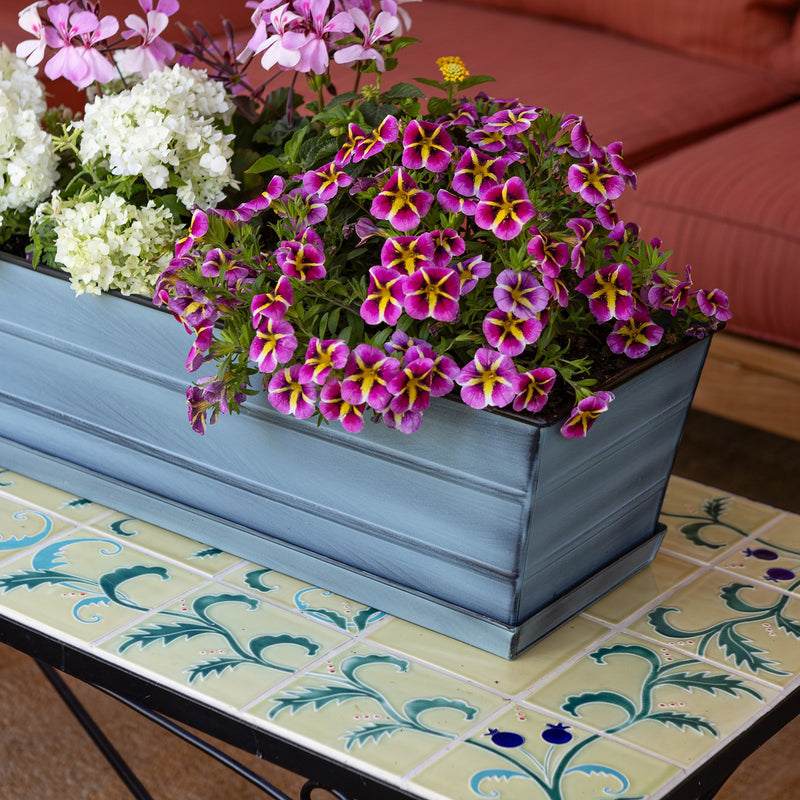 Achla Medium Blue Flower Box with Tray Kit | Galvanized Steel Nantucket Blue | Deck, Balcony & Porch Planter | 24 x 10 x 8 in | Model C-20NB-T