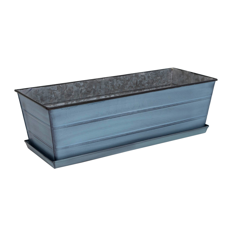 Achla Medium Blue Flower Box with Tray Kit | Galvanized Steel Nantucket Blue | Deck, Balcony & Porch Planter | 24 x 10 x 8 in | Model C-20NB-T
