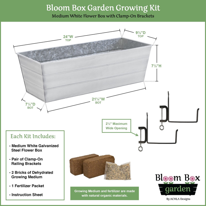 Achla Bloom Box Garden Growing Kit, Medium White | Galvanized Steel and Wrought Iron | Deck & Balcony Container Garden | Model C-20W-RM-GK2