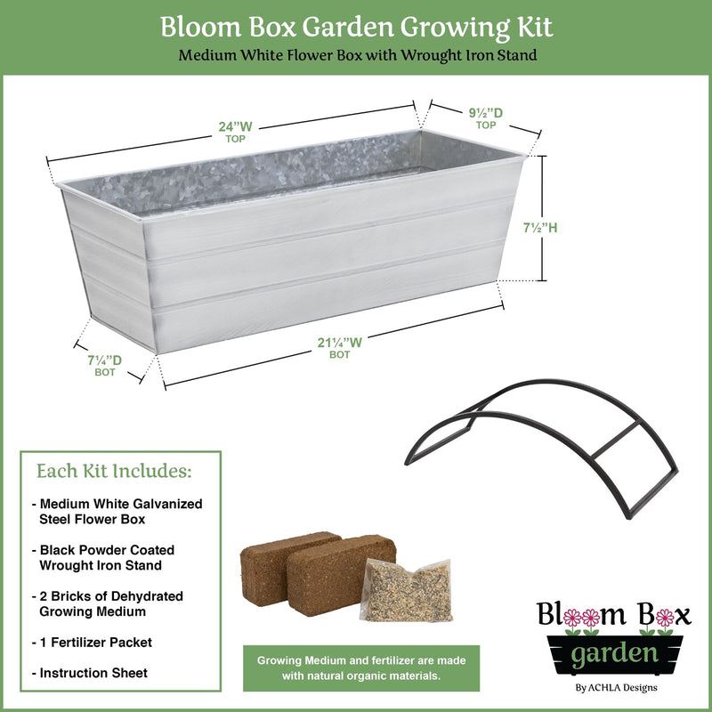Achla Bloom Box Garden Growing Kit Medium White | Galvanized Steel and Wrought Iron | Deck & Balcony Container Garden | 24 x 9.5 x | Model C-20W-S-GK2
