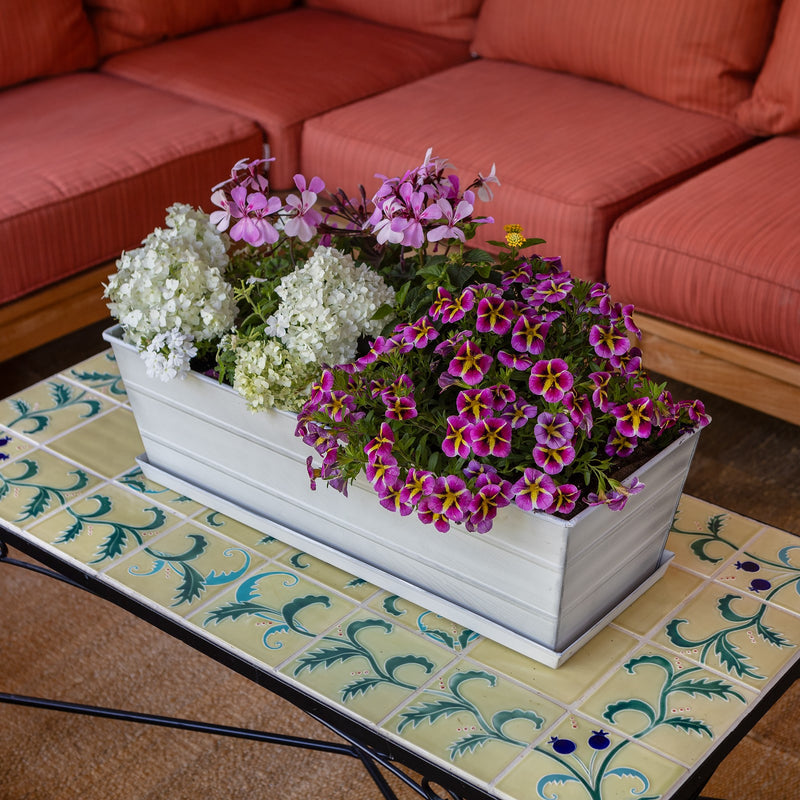 Achla Medium White Flower Box with Tray | Galvanized Steel Cape Cod White | Deck & Balcony Planter | 24 x 10 x 8 in | Model C-20W-T