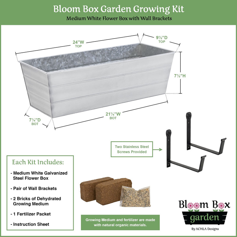 Achla Bloom Box Garden Growing Kit Medium White | Galvanized Steel & Wrought Iron | Deck, Porch & Balcony Container Garden | Model C-20W-WM-GK2