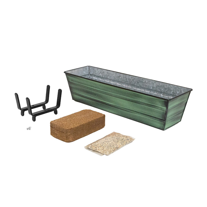 Achla Bloom Box Small Green Planter | Galvanized Steel with Green Patina and Black Wrought Iron Brackets | Deck & Balcony Container | Model C08-K4-GK