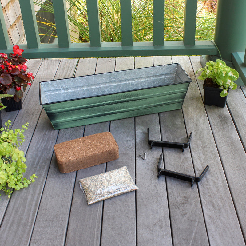 Achla Bloom Box Small Green Planter | Galvanized Steel with Green Patina and Black Wrought Iron Brackets | Deck & Balcony Container | Model C08-K4-GK