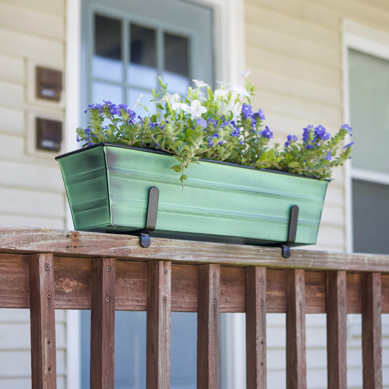 Achla Bloom Box Small Green Planter | Galvanized Steel with Green Patina and Black Wrought Iron Brackets | Deck & Balcony Container | Model C08-K4-GK