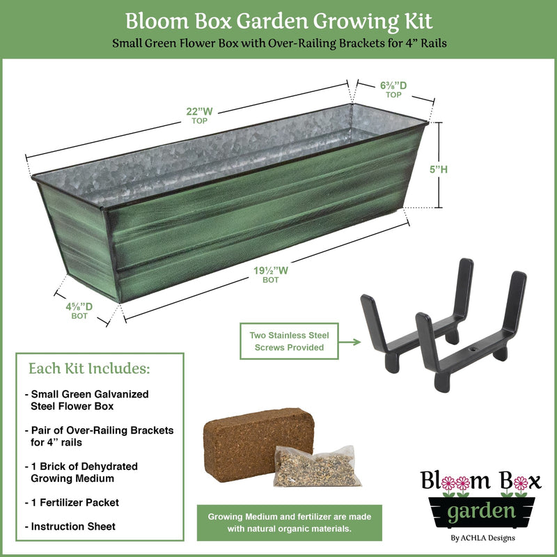 Achla Bloom Box Small Green Planter | Galvanized Steel with Green Patina and Black Wrought Iron Brackets | Deck & Balcony Container | Model C08-K4-GK