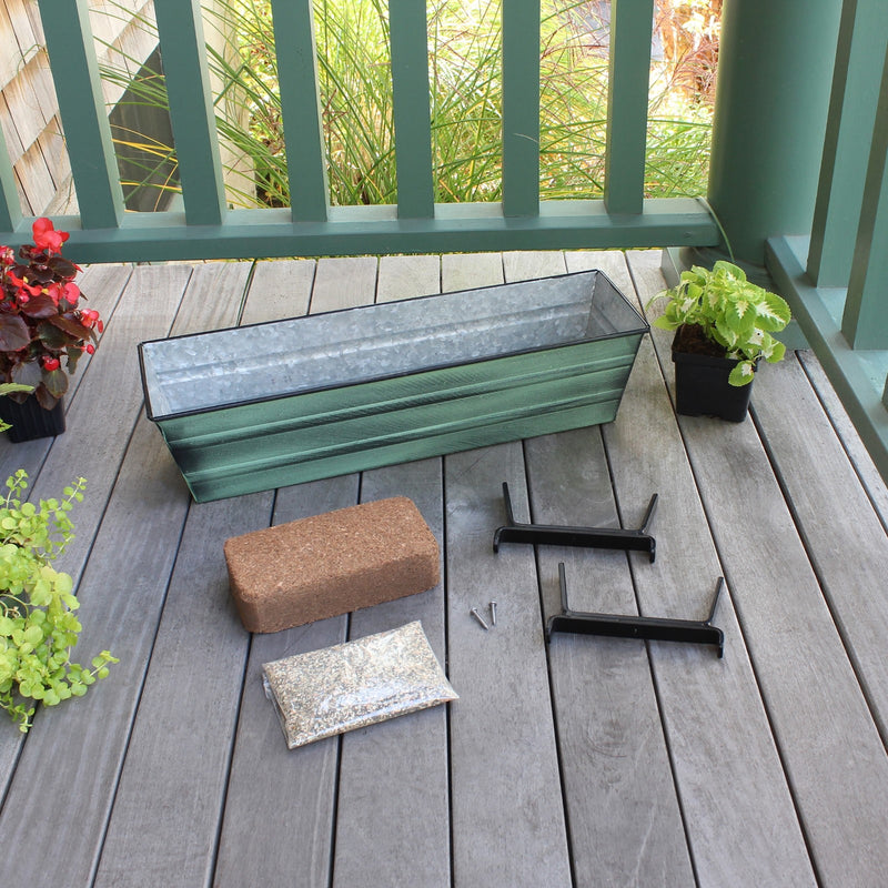 Achla Bloom Box Small Green Patina Galvanized Steel Planter | Railing Mount for 2x6 Rails | Deck & Balcony Garden Kit | Model C08-K6-GK