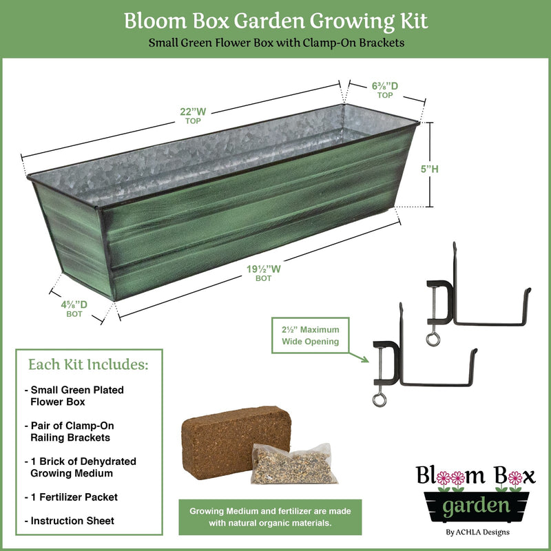 Achla Bloom Box Garden Growing Kit Small Green Patina | Galvanized Steel and Wrought Iron | Deck, Porch & Balcony Container Garden | Model C08-RM-GK
