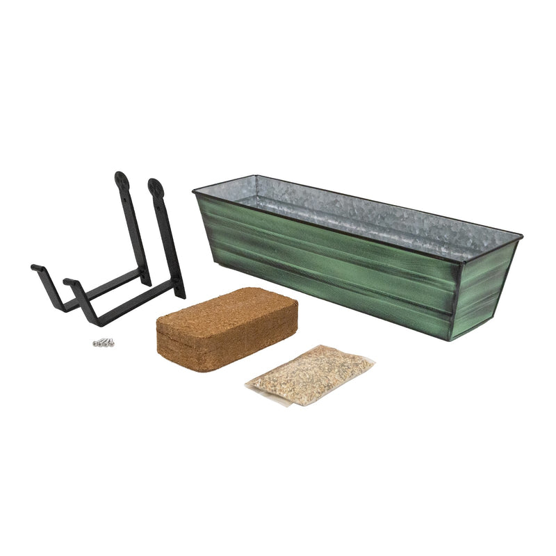 Achla Bloom Box Small Green Garden Growing Kit | Galvanized Steel with Wrought Iron Brackets | Balcony & Deck Container Garden | Model C08-WM-GK