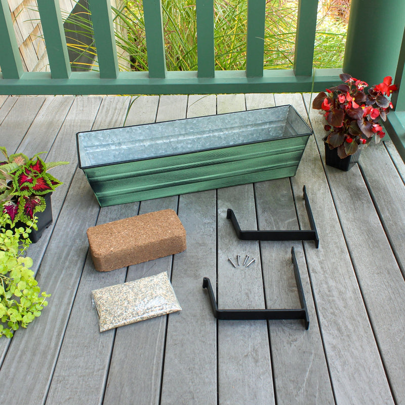 Achla Bloom Box Small Green Garden Growing Kit | Galvanized Steel with Wrought Iron Brackets | Balcony & Deck Container Garden | Model C08-WM-GK