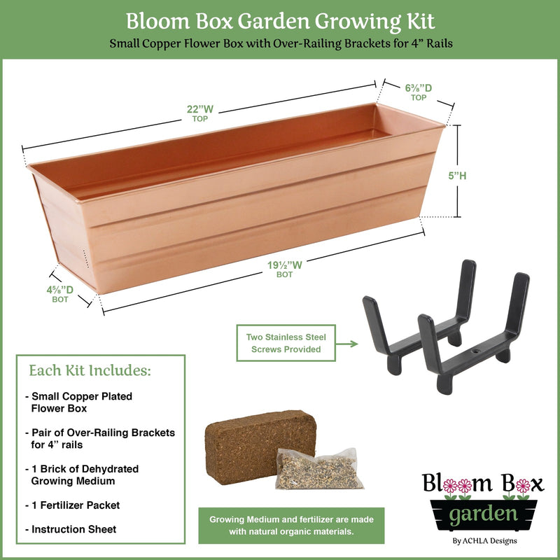 Achla Bloom Box 22in Small Garden Growing Kit | Copper Plated Galvanized Steel & Black Wrought Iron | Deck & Porch Container Garden | Model C08C-K4-GK