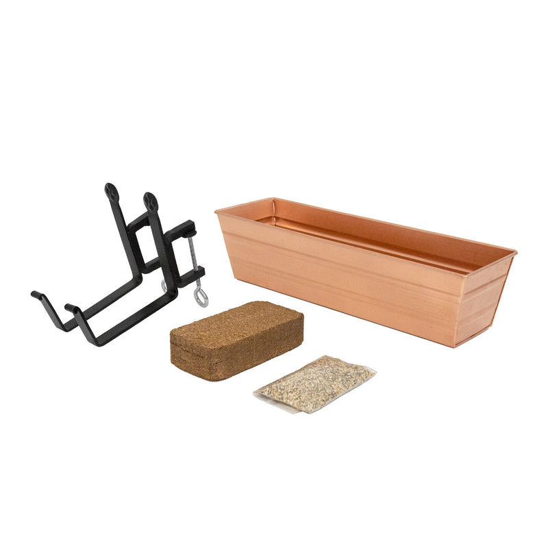 Achla Bloom Box Small Copper Planter | Galvanized Steel with Copper Plated Finish and Black Wrought Iron Brackets | Deck & Balcony | Model C08C-RM-GK