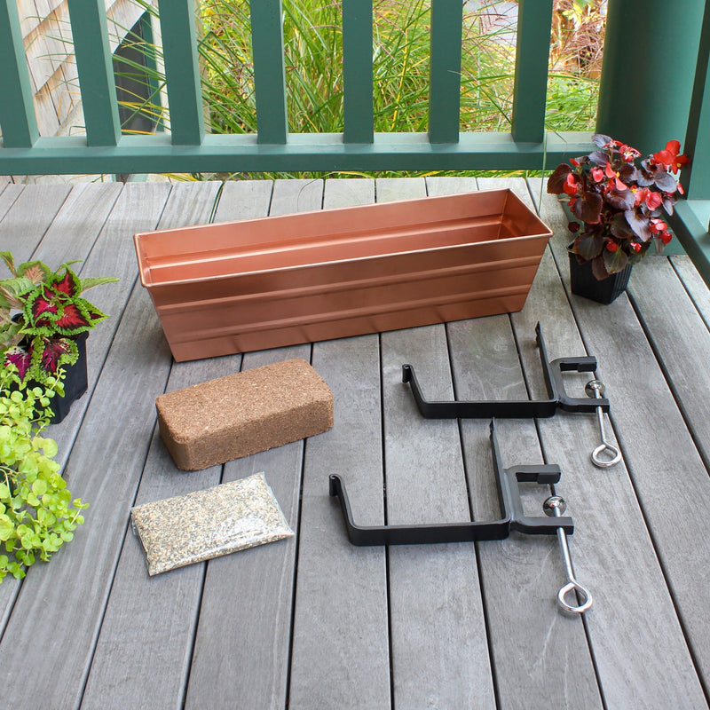Achla Bloom Box Small Copper Planter | Galvanized Steel with Copper Plated Finish and Black Wrought Iron Brackets | Deck & Balcony | Model C08C-RM-GK