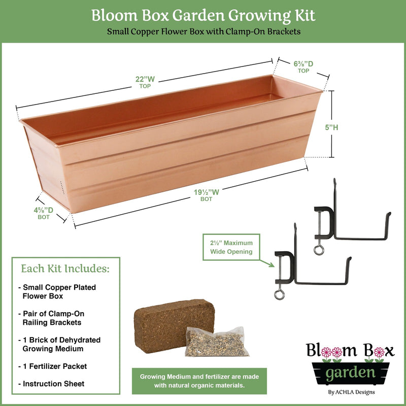 Achla Bloom Box Small Copper Planter | Galvanized Steel with Copper Plated Finish and Black Wrought Iron Brackets | Deck & Balcony | Model C08C-RM-GK