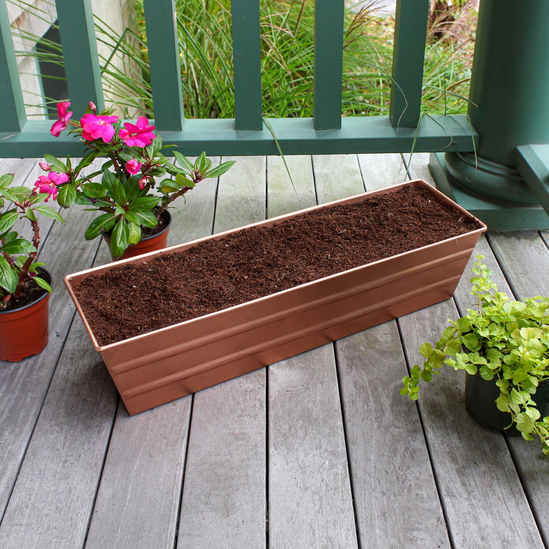 Achla Bloom Box Small Copper Planter | Galvanized Steel with Copper Plated Finish and Black Wrought Iron Brackets | Deck & Balcony | Model C08C-RM-GK
