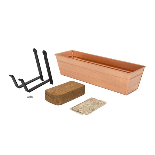 Achla Bloom Box Small Copper Planter | Galvanized Steel with Copper Plated Finish and Black Wrought Iron Wall Brackets | Wall-Mounted | Model C08C-WM-GK