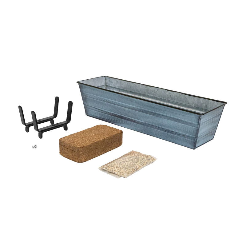 Achla Bloom Box Small 22in Galvanized Steel Planter | Nantucket Blue Patina and Black Wrought Iron Brackets | Deck & Balcony | Model C08NB-K4-GK