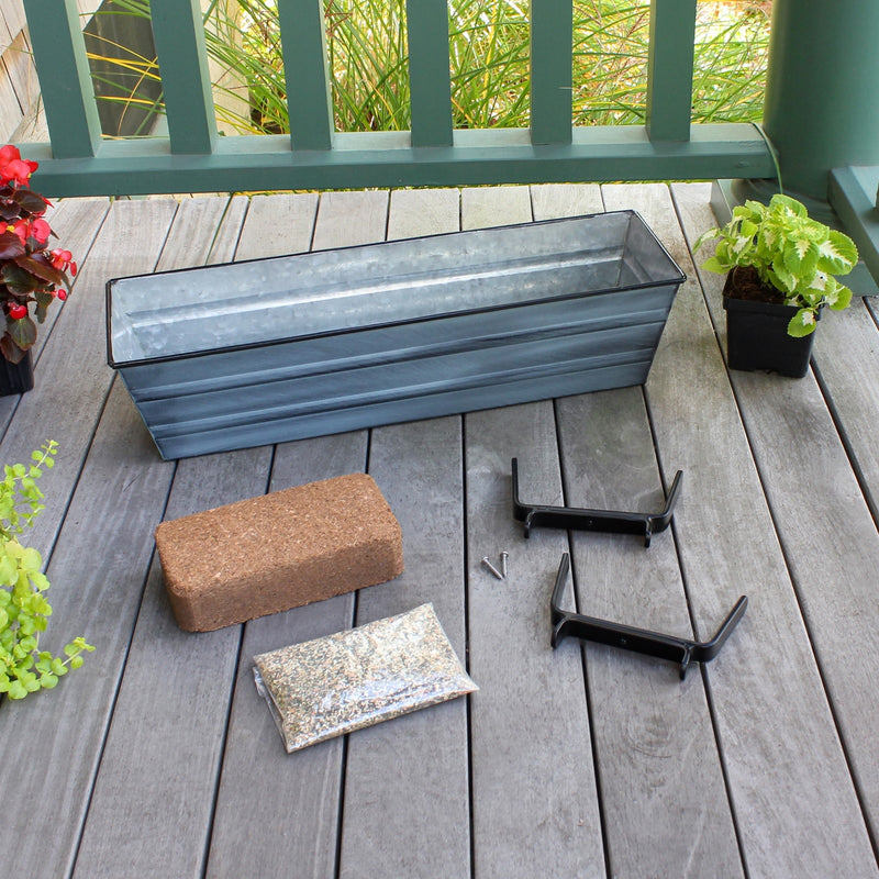 Achla Bloom Box Small 22in Galvanized Steel Planter | Nantucket Blue Patina and Black Wrought Iron Brackets | Deck & Balcony | Model C08NB-K4-GK