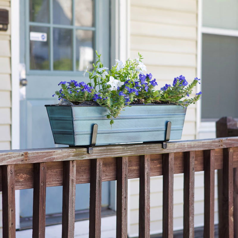 Achla Bloom Box Small 22in Galvanized Steel Planter | Nantucket Blue Patina and Black Wrought Iron Brackets | Deck & Balcony | Model C08NB-K4-GK