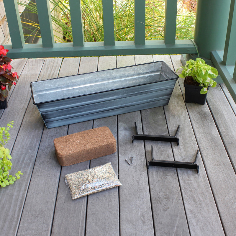 Achla Bloom Box Small 22in Galvanized Steel Planter | Nantucket Blue Patina and Black Powdercoat | Deck & Balcony Railing Garden | Model C08NB-K6-GK