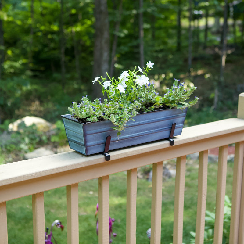 Achla Bloom Box Small 22in Galvanized Steel Planter | Nantucket Blue Patina and Black Powdercoat | Deck & Balcony Railing Garden | Model C08NB-K6-GK