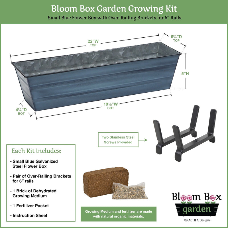 Achla Bloom Box Small 22in Galvanized Steel Planter | Nantucket Blue Patina and Black Powdercoat | Deck & Balcony Railing Garden | Model C08NB-K6-GK